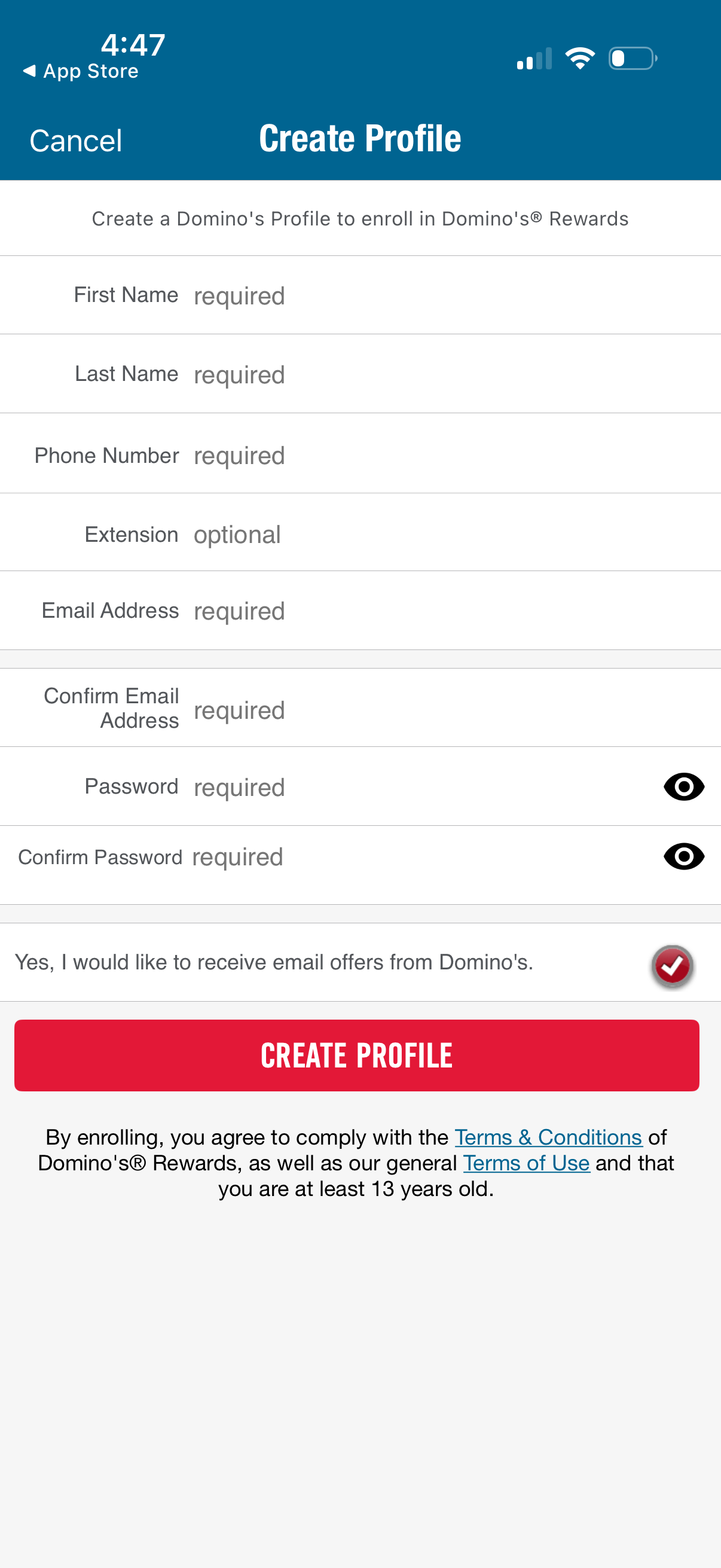 dominos signup screenshot